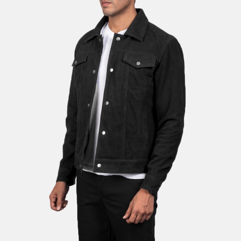 Mens Stallon Black Suede Trucker Jacket Side Pose-3-1720093608044